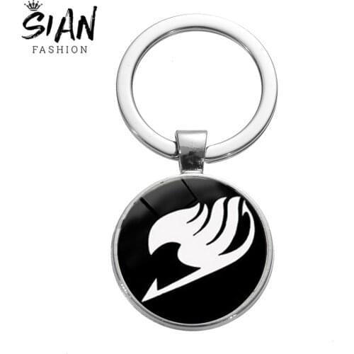 SIAN Cool Blue White Fairy Tail Symbol Keychain Glass Cabochon Pendant Silver Plated Key Ring Halloween Steampunk Witch Chaveiro