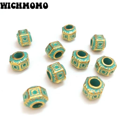 New 10pieces 10mm Retro Zinc Alloy Green Round Big Hole Polygon Interval Beads for DIY Bracelet Jewelry Accessories