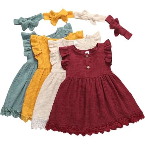 2020 Baby Summer Clothing 1-4T Infant Kids Baby Girls 100% Cotton Solid Dress Ruffled Lace Sleeveless Sundress Casual Gown