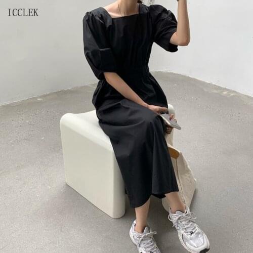 Elegant Square Neck Puff Sleeve Dress 2021 New Women Dress Black Slim Dress Korean One-Piece Dress Office Dress Female Vestido