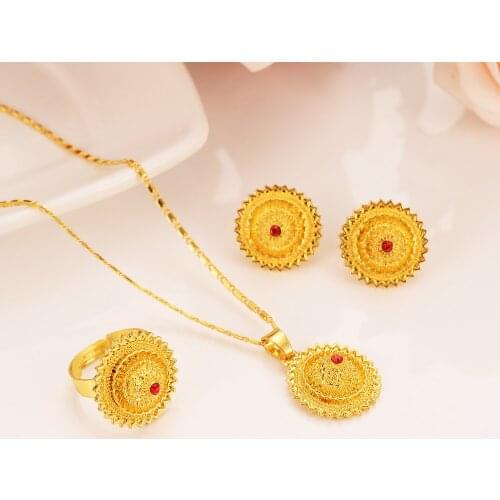 Gold cz dubai Nigeria Israel African jewelry Set Necklace pendant Earrings Ethiopia Eritrea wedding bridl jewelry for women girl