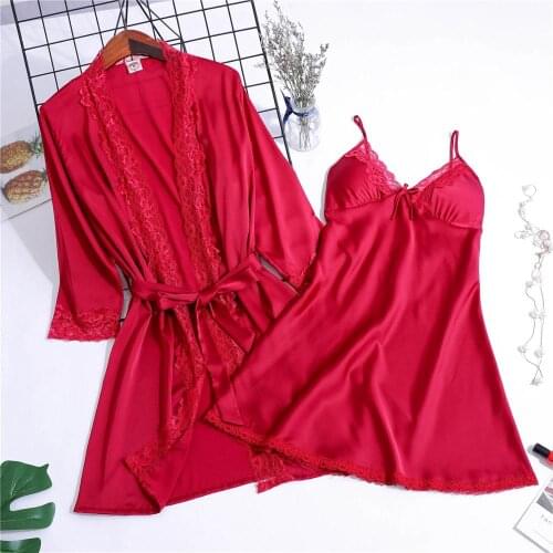 Sexy Womens Robe & Gown Sets Lace Bathrobe + Night Dress 2 Two Pieces Sleepwear Womens Sleep Set Faux Silk Robe Femme