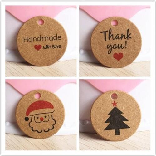 Handmade Round Craft Paper Tags Labels Printed Christmas Thank you For Birthday Gift Party Wedding Luggage Kraft Work 100Pcs/Lot