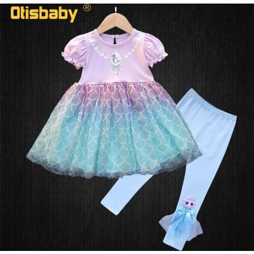 Summer 2021 Girl Snow Queen Princess Mermaid Elsa Dress + 100% Cotton Tights for Children Clothing Sets Leggings for Girls Pants
