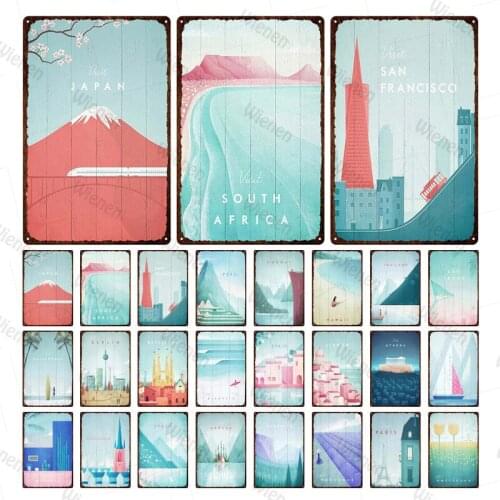 Metal Tin Sign City Travel Blue Pink Comic Poster Japan Mount Fuji California Beach Metal Plate Wall Bar Cafe Home Craft Decor
