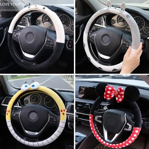 Cartoon Furry Steering Wheel Cover Cute Plush Soft Car Steering Wheel Cover Set for Women Girls Car Accessories Interior Woman