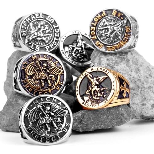 316L Stainless Steel St-Michael Men Rings Good Lucky Talisman Religious Personality Biker Ring for Men Boy Fashion Jewelry Gift