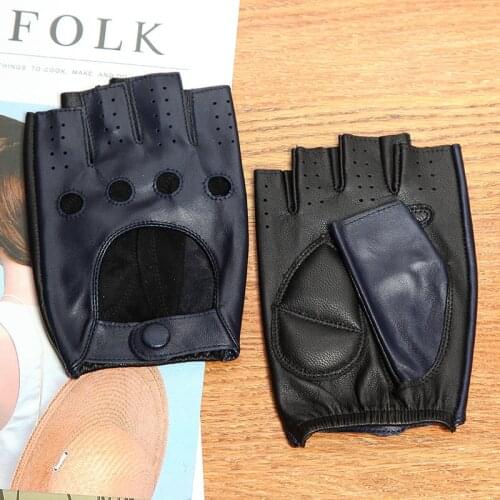 2020 New Genuine Leather Mens Half-Finger Gloves Non-Slip Breathable Fitness Driving Black Goatskin Gloves Male D0128-2M