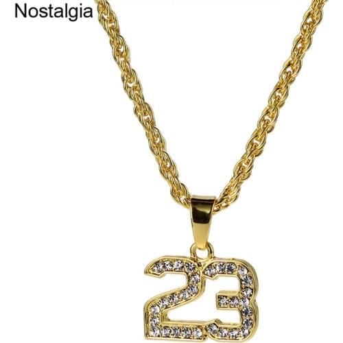 Nostalgia Number 23 Crystal Pendants Necklaces Basketball Legend Superstar Bling Bling Collier Sautoir Long Gold Chain