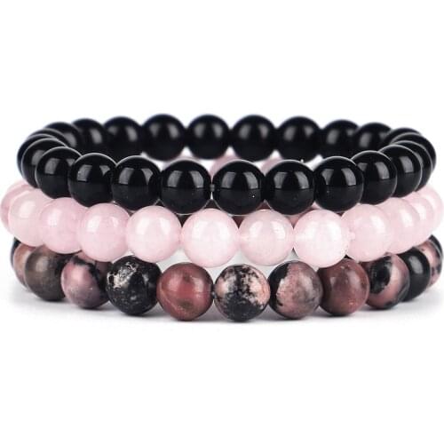 New 8mm Natural Stone Bracelet Sets Onyx Rhodonite Rose Quartzs Beaded Wrist Men Women Charm Bracelets