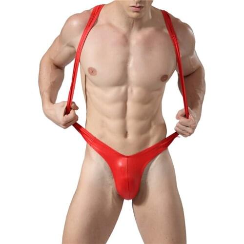 Sexy Men Jumpsuit PU Leather Wrestling Singlet T-back Bikini Undershirts Suspender Teddies Underwear One-Piece Borat Bodysuits
