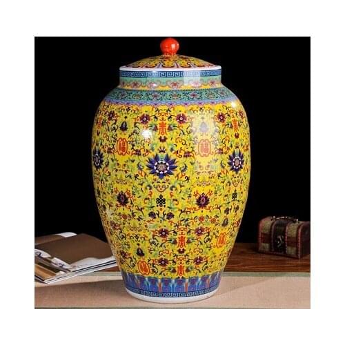 Jingdezhen ceramic yellow barrel ricer box barrel with cover tank it oil cylinder can save m kimchi cylinder