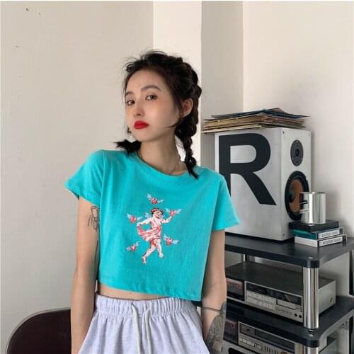 Female Korean Harajuku Vintage Ins Love Angel Print T-shirt Womens T-shirts Tops Japanese Kawaii Ulzzang Clothes For Women