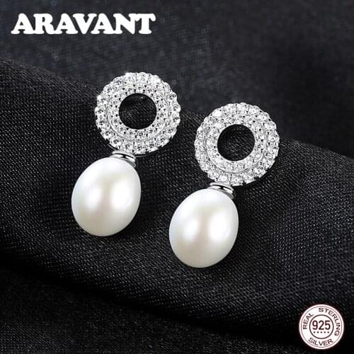 Fashion 925 Sterling Silver Freshwater Pearls Drop Earrings Round Zircon Silver Earrings For Women Wedding Jewelry