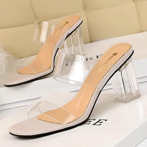 2021 Women 7cm High Heels Slides Mules Summer Sandals Transparent Open Toe Slippers Clear Block Heels Wedding Bridal Prom Shoes