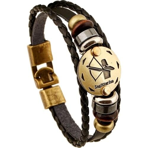 12 Constellation Aquarius Aries Punk Vintage Women Alloy Genuine Leather Bracelets & Cuff Bangels Homme Men Jewelry Accessories