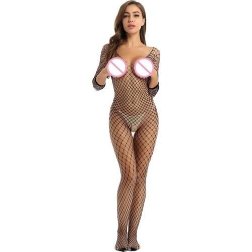 Womens Hollow Out Fishnet Bodysuit Lingerie Scoop Neck Long Sleeves Crotchless Jumpsuit Closed Toes Stretchy Full Body Stocking