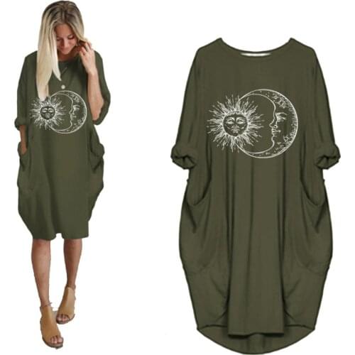Women Autumn Spring Casual Loose Midi Dress Round Neck Long Sleeve Sun And Moon Print Basic Dresses With Pocket Plus Size Robe