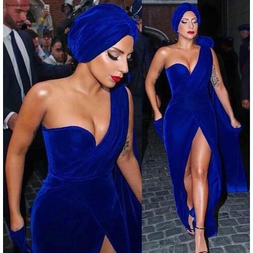 2019 Lady Gaga Red Carpet Evening Dress Royal Blue Velvet Long Formal Holiday Celebrity Wear Prom Party Gown Plus Size