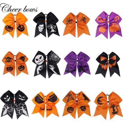 7 Inch Halloween Print Cheer Bows Grosgrain Ribbon School Hair Bow Elastic Rubber Hair Tie For Girls Hair Accessories