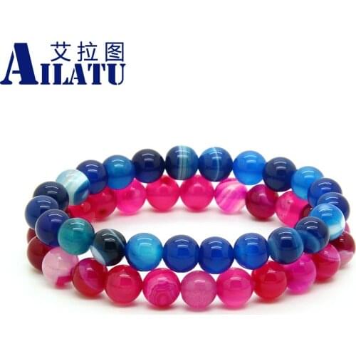 Ailatu Bright Fine 8mm Natural Blue, Purple, Pink Bandard Onyx Stone Energy Elastic Bracelet Lovers Jewelry