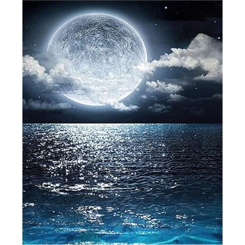 Diamond Painting Full Circle Diamond Kit Rhinestone Picture Art Craft Home Door Decoration (Moon Over the Sea)