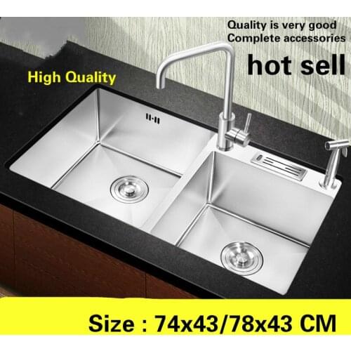 Free shipping Apartment high quality kitchen manual sink double groove standard 304 stainless steel hot sell 74x43/78x43 CM