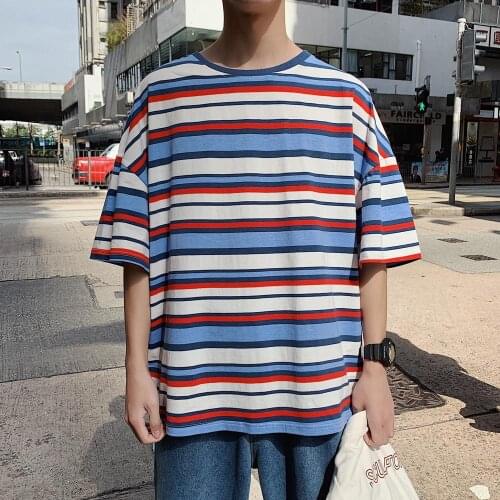 Men Harajuku Striped Tshirt 2020 Streetwear Loose Mens Black Korean Fashions Summer Top Tshirts Male Hip Hop Clothing