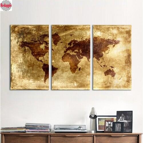 3 Pieces World Map Pictures 5d mosaic diamond painting cross stitch embroidery full square round drill decoration Old style art