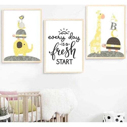 Cartoon Yellow Elephant Giraffe Turtle Bird Wall Art Canvas Painting Nordic Posters And Prints Wall Pictures For Kids Room Decor