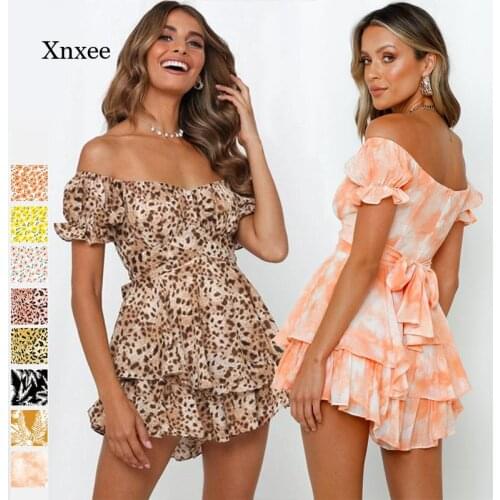 Slash Neck Jumpsuit Bohemian Floral Leopard Print Ruffled Casual Short Playsuits Womens Summer Short Sleeve Loose Overalls