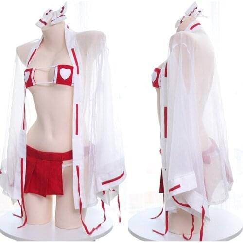 Japanese Anime Women Red Heart Witch Suit Japanese Sexy Lingerie Lolita Swimsuit Erotic Costumes Bra Skirt Shirt Set