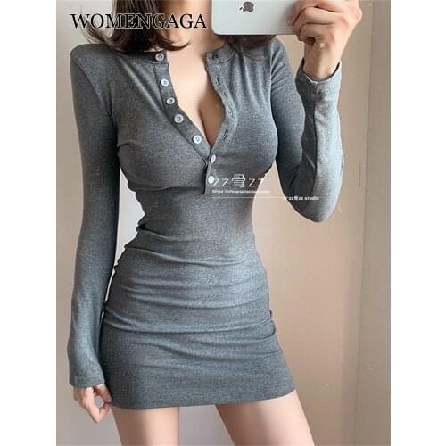 WOMENGAGA Buttons Stand Collar Thin Elastic Wrap Hip Letter Print Casual Temperament Sexy Long Sleeve Mini Dress YVP3