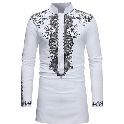 Fashion Men Medium Long Sleeve Vacation Casual Printed Stand Collar Wedding Shirt Apparel Comfort Top Solid Color Male Blouse