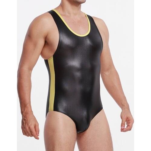 Mens Imitation Patent Leather Shapers Gay Shapewear Bodysuit Man Corset Male Posture Shirt Tight Leotard Body Building