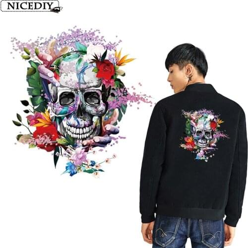 Nicediy DIY Flower Skull Applique On Clothes Stickers Heat Transfer Vinyl Sticker Stripe Hippie Cool Patch Badge Decor Washable