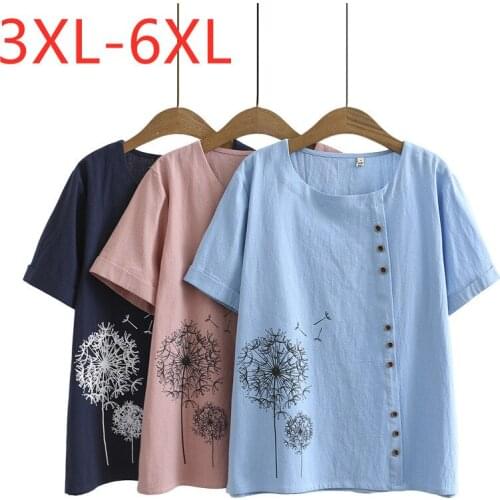 New 2021 Ladies Summer Plus Size Tops For Women Large Short Sleeve Loose Cotton Blue Floral Print Button T-Shirt 3XL 4XL 5XL 6XL