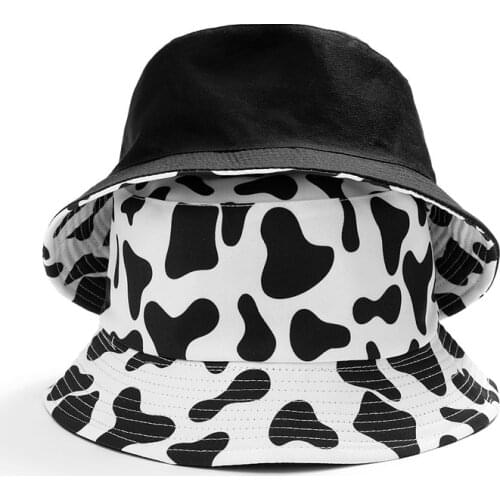 New Fashion Reversible Black White Cow Pattern Bucket Hats Fisherman Caps For Women Mens Ins Cute Womens Summer Panama Sun Hat