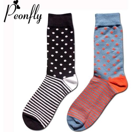 Peonfly Harajuku Fashion Man Happy Funny Color Block Patchwork Striped Dot Print Crew High Quality Cotton Casual Socks