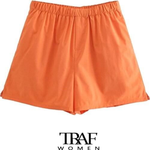 TRAF Za Women Chic Fashion Side Pockets Bermuda Shorts Vintage High Elastic Waist Female Short Pants Mujer