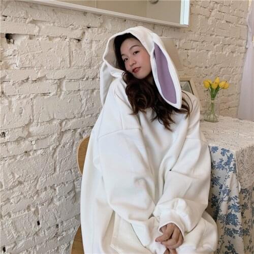 Long Sleeve Bunny Ears Hooded Thin Women Japanese Style Solid Kawaii Cute Casual Hoodies Plus Size