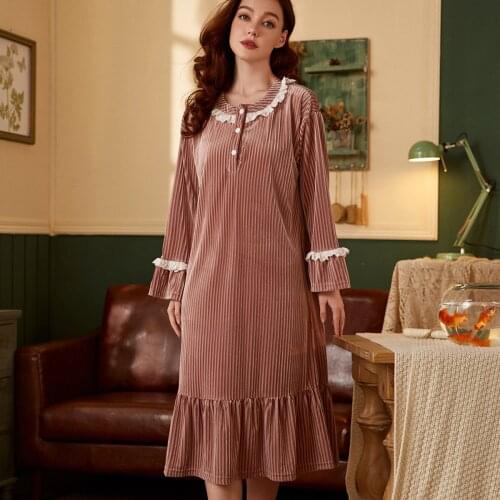 Velour Nightdress Women Autumn Winter Long Sleeve Daily Nightgowns Soft Thick Warm Home Clothing Lady Lounge Sleepwear Dress