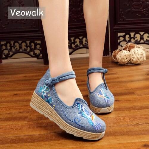 Veowalk Handmade Blue Bird Embroidered Women Casual Linen Hidden Wedged Shoes Low Heel Hemp Thick Bottoms Platforms Pumps