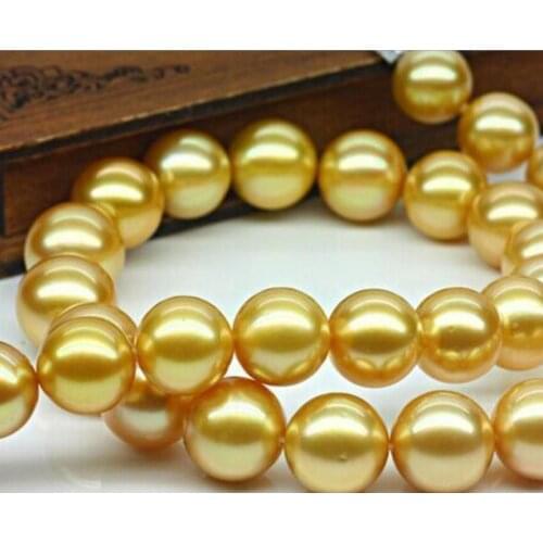 Fashion jewelry Free Shipping 925 silver real natural big Top Huge18"13mm natural south sea genuine GOLD round pearl necklace