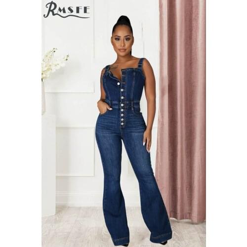 RMSFE 2021 European And American Womens Sleeveless Square Neck Fashion Casual Sexy Strap Jeans Jumpsuit Wide Leg Pants Jumpsuit