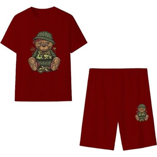 2021 Summer Women T-shirts Suits Hat Bear Print Two Pieces Tops + Shorts Casual Outdoor Streetwear Candy Color Female Clothing