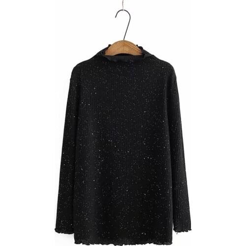 Plus Size XL-4XL Women Knitted Top High Neck Stretchable Spring Autumn Tshirts Long Sleeved Muslim Shirts with Glitters