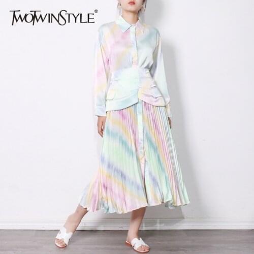 TWOTWINSTYLE Tie Dye Print Dress For Women Lapel Long Sleeve High Waist Hit Color Elegant Dresses Female Fashion New Spring