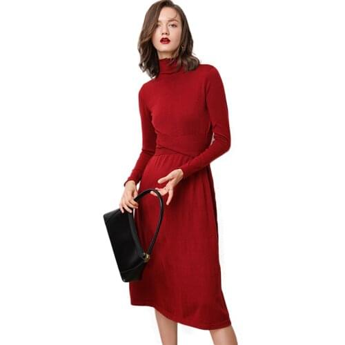 2019 Women Turtleneck Knit Dress Belt Tunic Dress Wool Cashmere Soft Cozy Lady Winter Long Sweater Dress Fashion & Square Collar