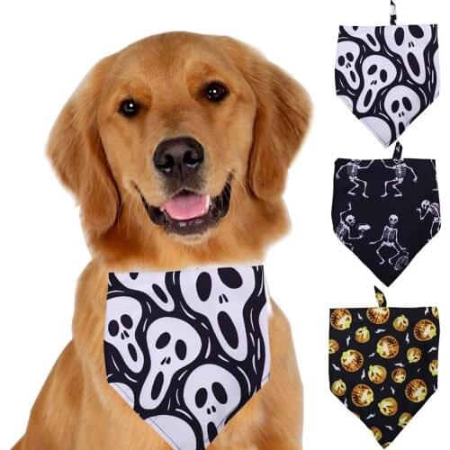 Halloween Dog Bandana for Large Dog Black Skull Pumpkin Reversible Triangular Bibs Scarf Accessories for Dogs Cats Pets Washable